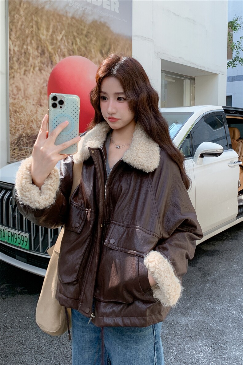 超柔PU皮白鸭绒羽绒内胆羊羔毛领羽绒服1D066-99846-P285-K385,女装羽绒服,1D066-1