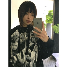 美式复古黑白人物针织连帽卫衣女2025新款秋冬慵懒风拉链开衫外套，女装短外套，星座506A