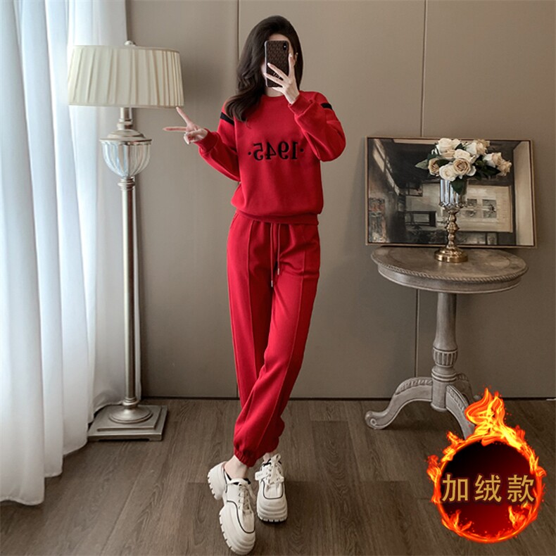女秋冬新款红色圆领卫衣卫裤加绒两件套,女装套装/套裙,江南