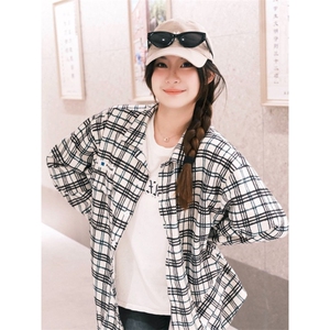 TC556-P45美式复古格子衬衫宽松百搭休闲开衫长袖翻领衬衣潮图片