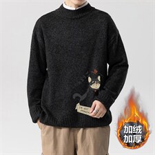 2023冬新款加绒毛衣男无影墙猫戏蝶印花大码加厚套头衫MY261-P60，男装针织衫/毛衣，电商A082
