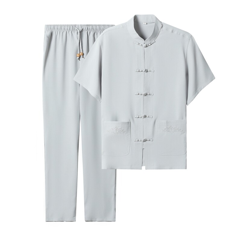 2022风男士唐装夏季亚麻短袖中老年套装复古风潮牌汉服两件套，男装中老年男装，钱塘723