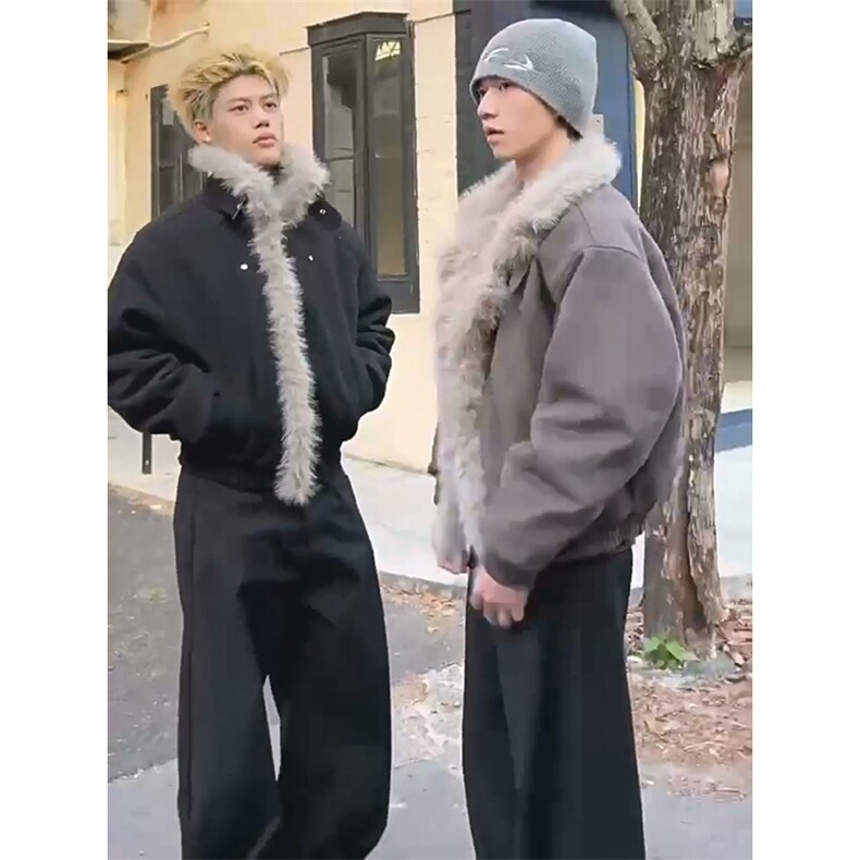 现货重磅硬挺boxy羽绒棉衣座山雕大毛毛领洗水麂皮棉服冬外套，男装棉衣，电商A443