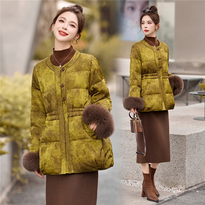高端提花狐狸毛羽绒服女2025冬装新款时尚收腰90白鸭绒外套,女装羽绒服,悠米