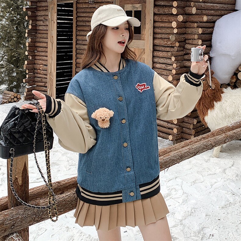 雪景牛仔加棉棒球服外套（玩偶可拆卸）显瘦百搭时尚,女装棉衣/棉服,天使之佳话