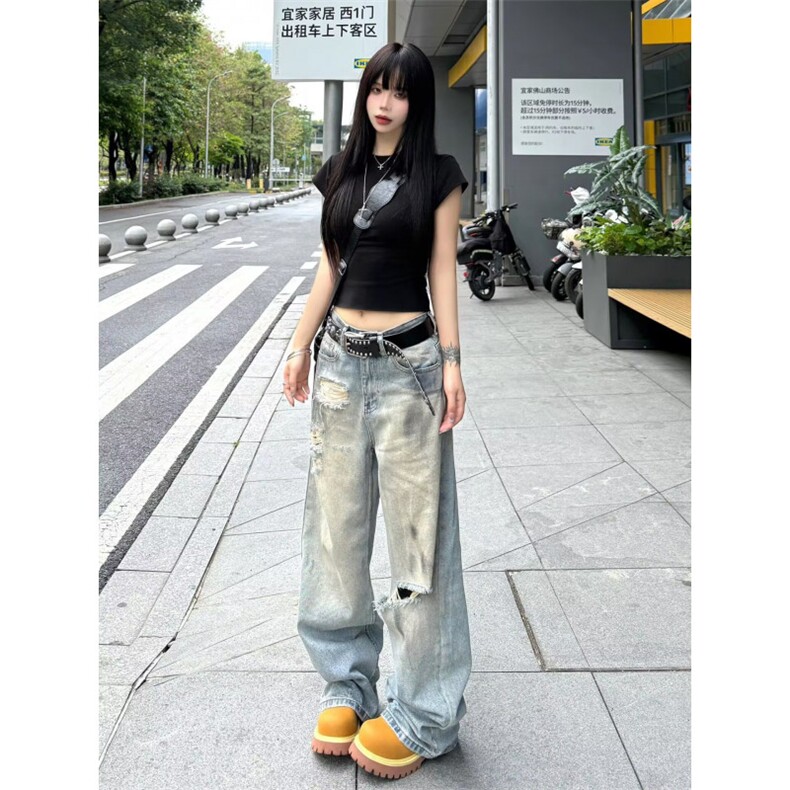 美式高街做旧破洞牛仔裤男女潮牌复古宽松直筒显瘦长裤L91477-P50,男装牛仔裤,星座1008