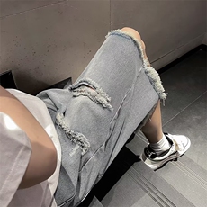 日系夏季高街毛边破洞牛仔短裤男韩版潮流宽松五分裤DK02108-P35，男装牛仔裤，星座308B-1