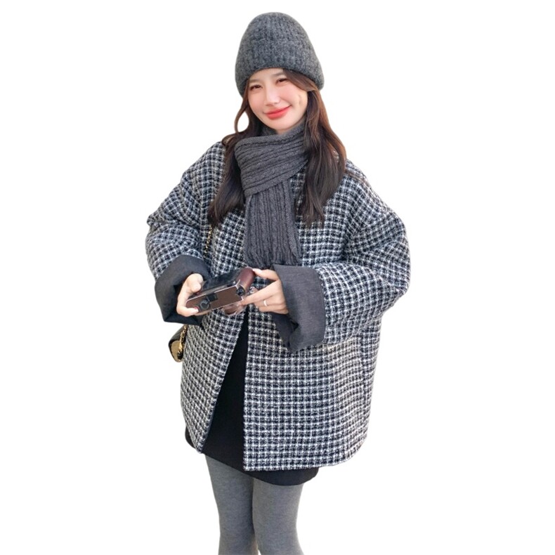 韩版通勤复古千鸟格编织中长款羽绒服女+围巾2025冬季氛围感外套,女装羽绒服,艾米莉亚