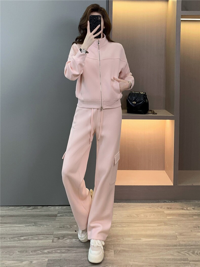 韩版休闲运动套装女春季新款高级感显瘦立领卫衣时尚阔腿裤两件套,女装套装/套裙,江南