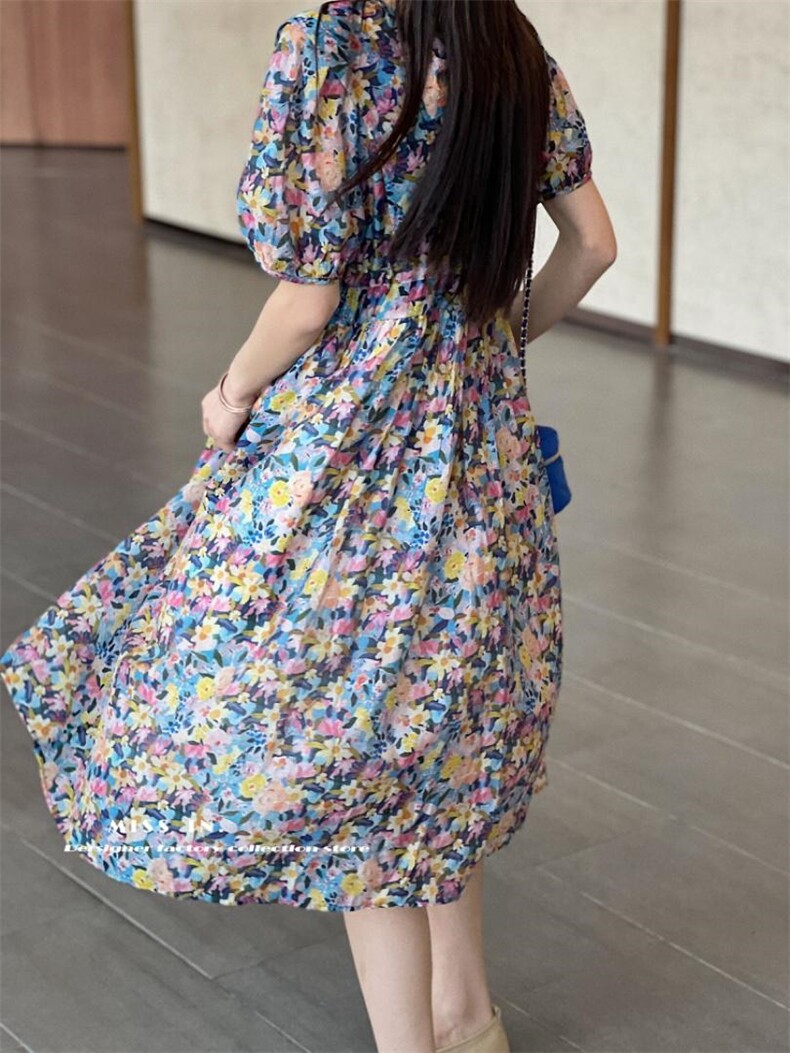 现货夏款连衣裙深海蓝花色后背蝴蝶结设计，女装连衣裙，蜜思印·金