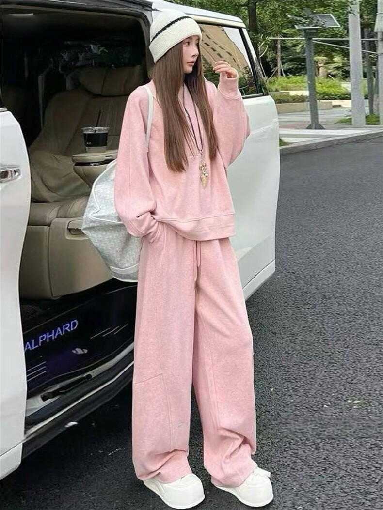 时尚休闲套装女秋季新款宽松洋气减龄纯色圆领卫衣阔腿长裤两件套,女装套装/套裙,江南