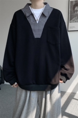 WY10153-特P48控88小众撞色面料拼接格子假两件大码男宽松卫衣，男装卫衣，电商A059