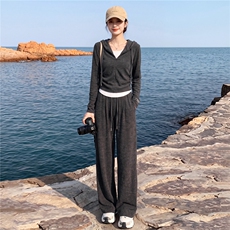 黑灰色休闲运动套装女秋季时尚新款连帽长袖卫衣阔腿长裤两件套潮,女装套装/套裙,江南, 黑灰色休闲运动套装女秋季时尚新款连帽长袖卫衣阔腿长裤两件套潮,女装套装/套裙,江南,