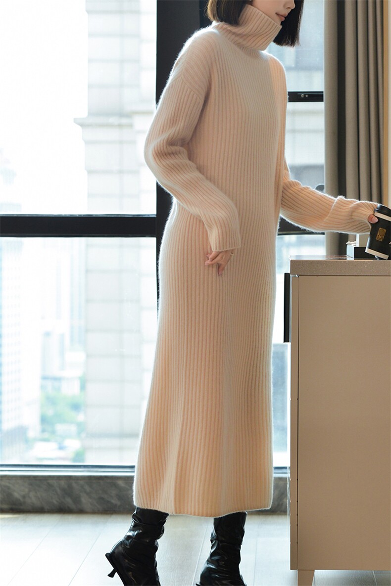女士秋季新款时尚修身显瘦自由领抽条羊毛长裙,女装连衣裙,宋氏羊绒