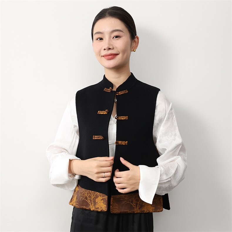 复古中式黑色羊毛马甲外套女士传统风格立领盘扣上衣秋冬款,女装马甲,米咔羊绒