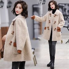 2020冬季新款简约潮流时尚舒适翻领拼接仿羊羔毛外套，女装羊羔毛/颗粒绒，千千佰惠