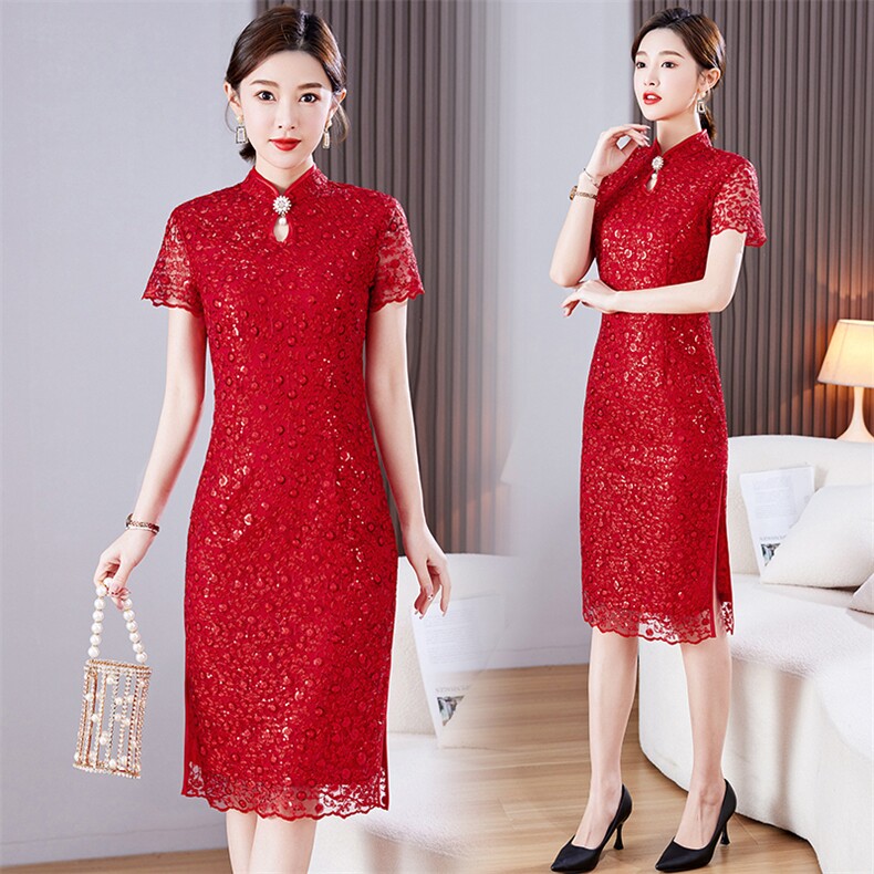 2025春夏季新款绣品蕾丝喜婆婆修身中长款婚礼旗袍连衣裙，女装汉服/婚纱/旗袍/礼服，小荷流