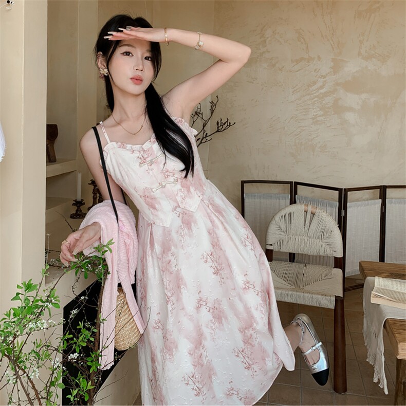 现货新款夏装2024年新中式网红风针织开衫碎花连衣裙套装，女装套装/套裙，乔米娜