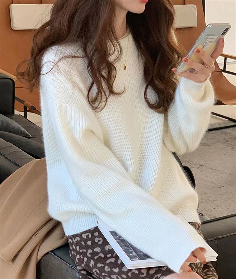 25秋冬新款羊毛衫女圆领加厚元宝针宽松慵懒羊绒毛衣学院风打底衫图片