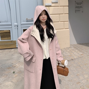 韩系甜美连帽双面羊毛大衣女2025秋冬季新款显瘦保暖长款呢子外套图片