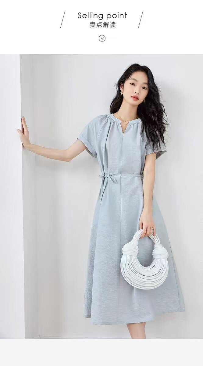 2025时尚百搭优雅中长款短袖圆领收腰连衣裙,女装连衣裙,翩雅女装供货