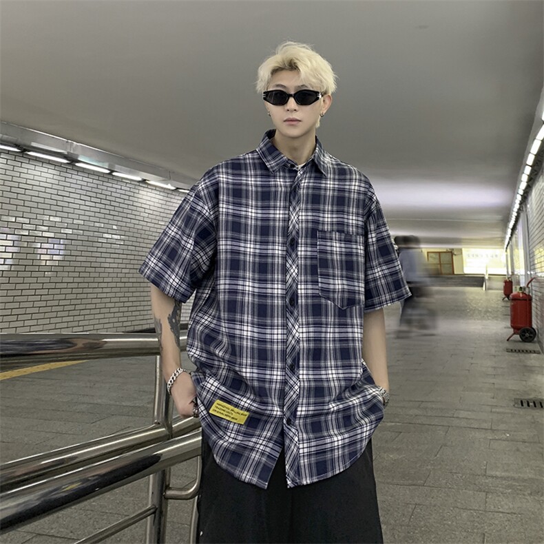 港风大码美式复古贴标格子翻领短袖衬衫男XZ213-CS8806-P45控58,男装衬衫,星座213
