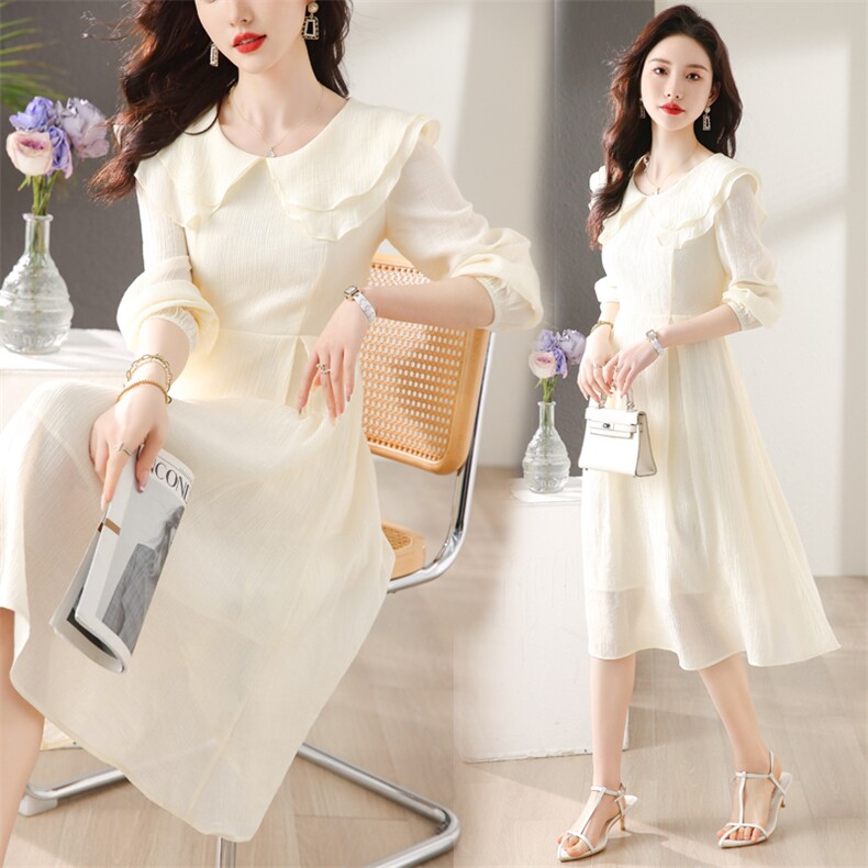 2024年春装新款连衣裙女长袖双层木耳边优雅气质茶歇裙通勤中长裙，女装连衣裙，梦懿尔