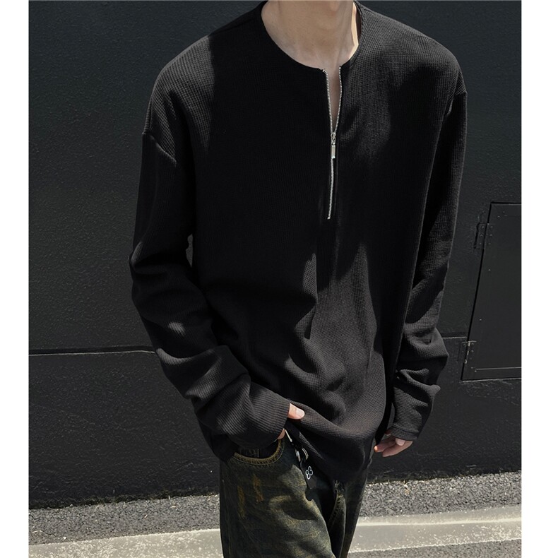 主推美式半拉华夫格纯色长袖T恤卫衣宽松打底衫男女H975特P28，男装T恤，电商A341