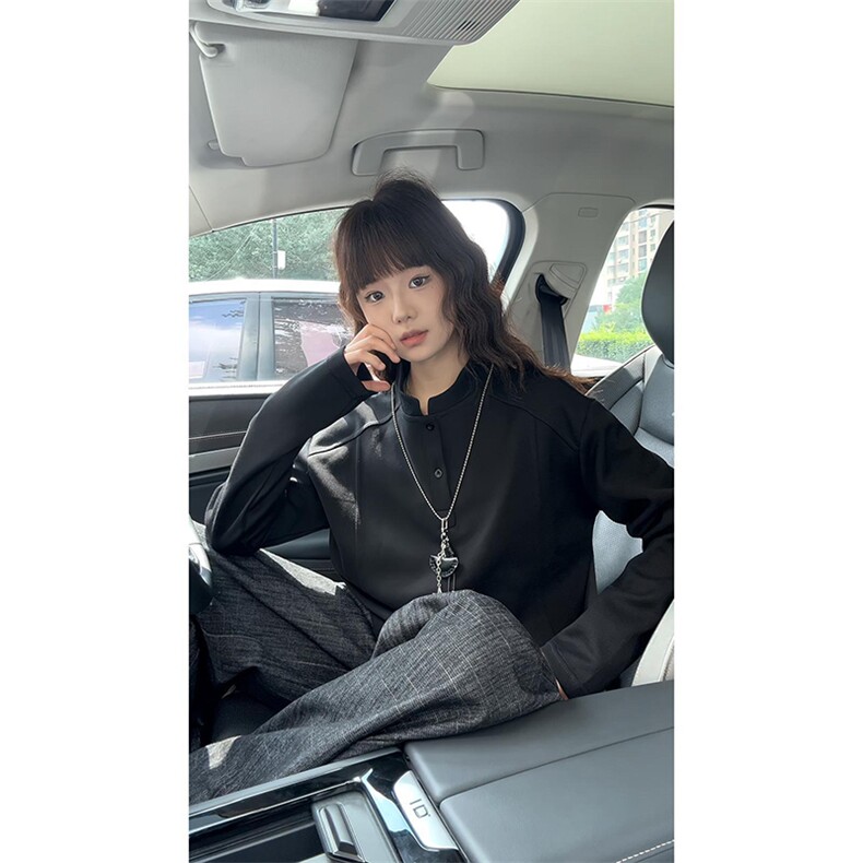 抖音得物品质美式高街重磅曼巴棉拼接cleanfit亨利领卫衣长袖T恤,男装T恤,电商A486