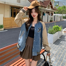 独特超好看牛仔拼接棒球服外套女春2025新款美式休闲宽松夹克上衣，女装短外套，辉之琳