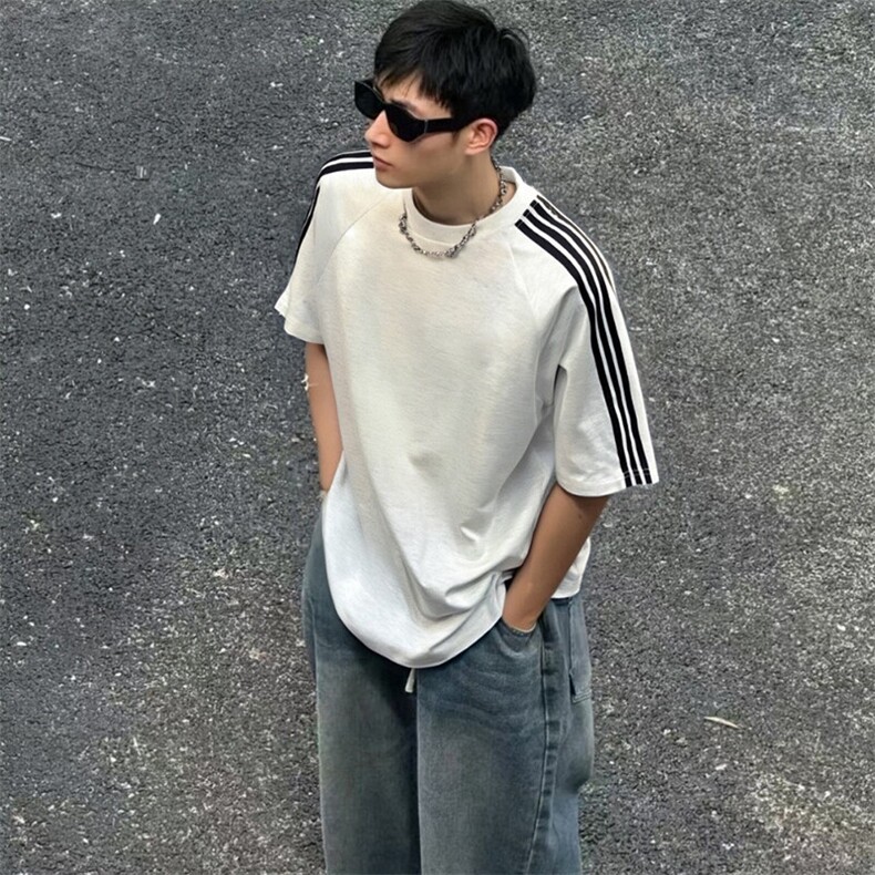 抖音得物品质二开240克宽松纯棉美式潮牌印花三条杠中性风短袖T恤,男装T恤,电商A486-1