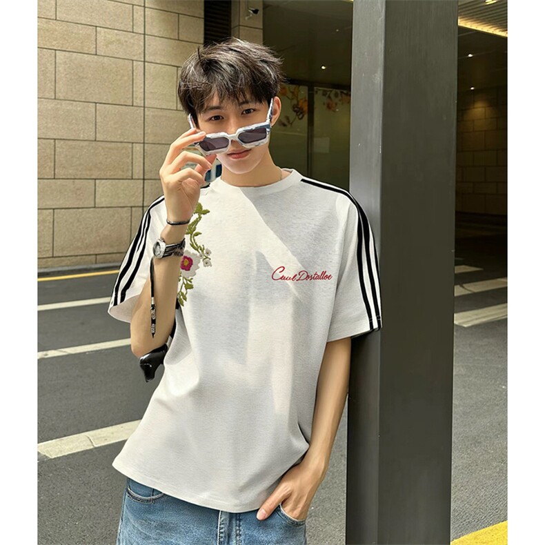 抖音得物高品质二开240克宽松纯棉美式潮牌三条杠织带短袖T恤，男装T恤，电商A486-1