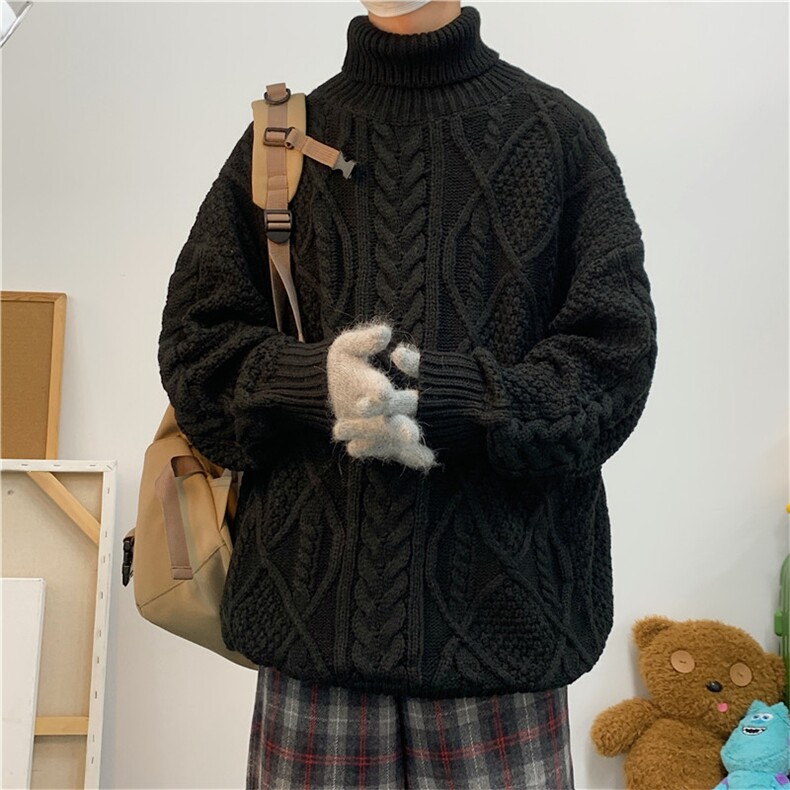 情侣款复古麻花高领毛衣宽松针织衫男女A338-1MY25P70控88,男装针织衫/毛衣,电商D325