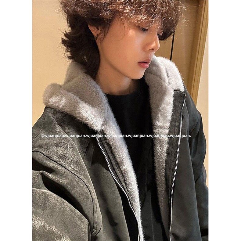 现货高品质美式高街冬季重磅座山雕大毛毛领pu皮棉衣男女加厚外套图片
