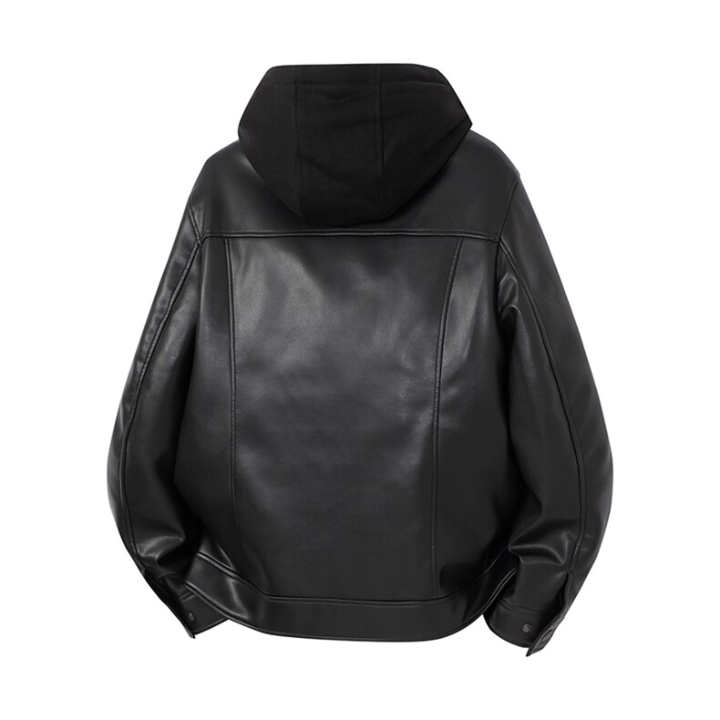 高端商务假两件皮衣羽绒服男士连帽秋冬加厚保暖黑色皮夹克,男装夹克,星座914