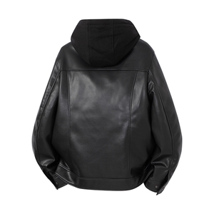 高端商务假两件皮衣羽绒服男士连帽秋冬加厚保暖黑色皮夹克图片