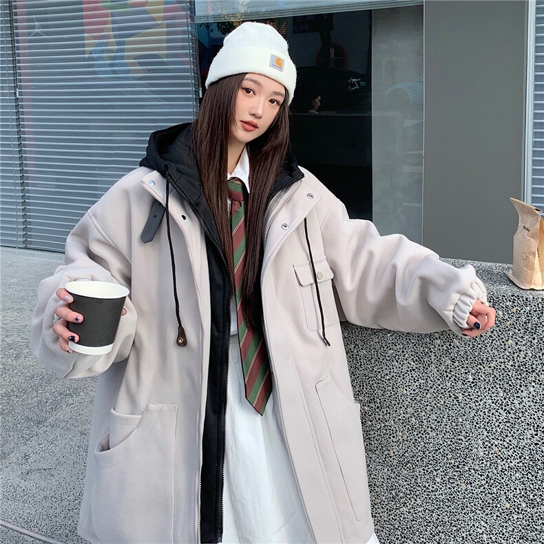 EQ158情侣装冬季毛呢外套2024新款纯色连帽加厚呢子大衣男女同款,女装毛呢外套,电商C306-1