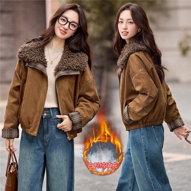 现货2025冬装新款女士时尚经典毛领可脱卸羽绒服图片