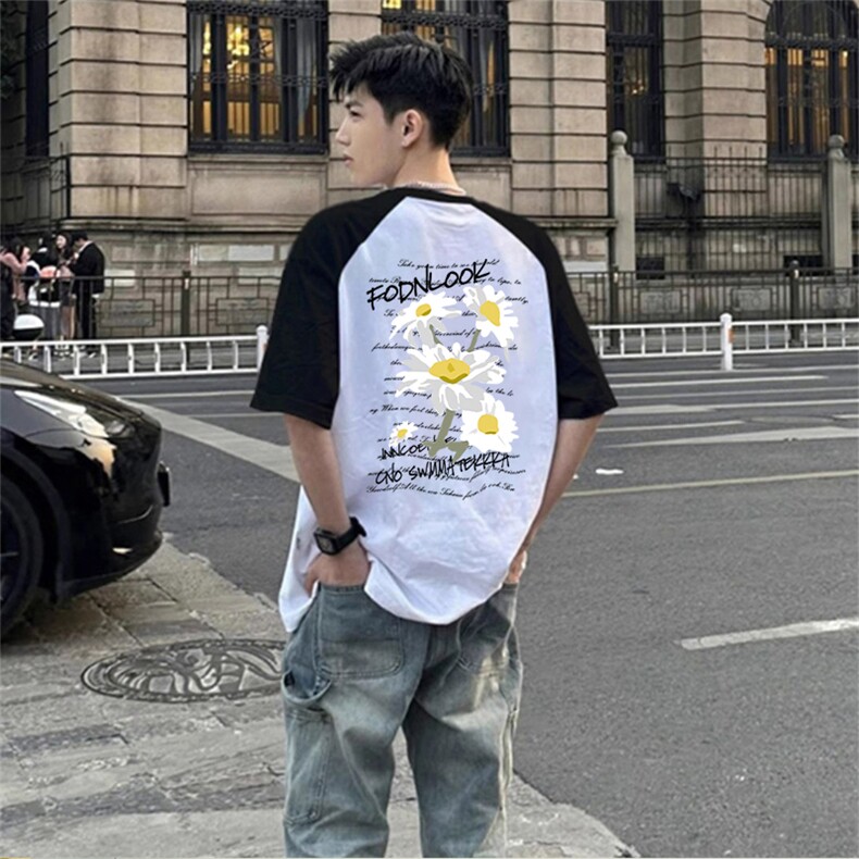 抖音得物供货240克宽松纯棉美式潮牌印花插肩袖拼接短袖T恤AT1512,男装T恤,电商A443