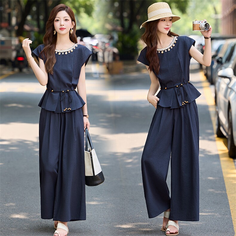 2025年夏季新款圆领时尚气质短袖上衣阔腿裤两件套，女装套装/套裙，天丝秀