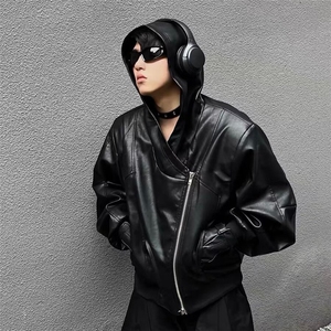 欧美嘻哈街头拉链解构连帽皮衣外套男小众潮牌高级感宽松PU皮夹克图片