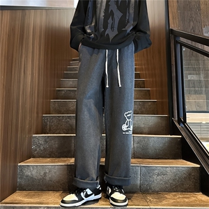 k1065J-p65-控88M-5XL发泡印花水晶绒加绒港风高阶宽松牛仔裤微喇图片