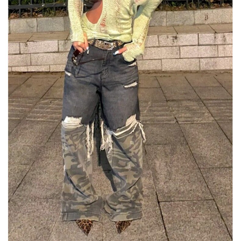 重磅设计感小众迷彩拼接毛边牛仔裤男女宽松显瘦直筒破洞阔腿长裤,男装牛仔裤,星座601-2