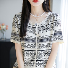 夏季新款圆领提花宽松时尚休闲短袖T恤女韩版百搭显瘦薄款针织衫，女装T恤，皓宇羊绒
