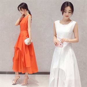 2024年夏季短袖中长款A型套头高腰圆领通勤欧根纱连衣裙韩版街头，女装连衣裙，火爆靓佳人