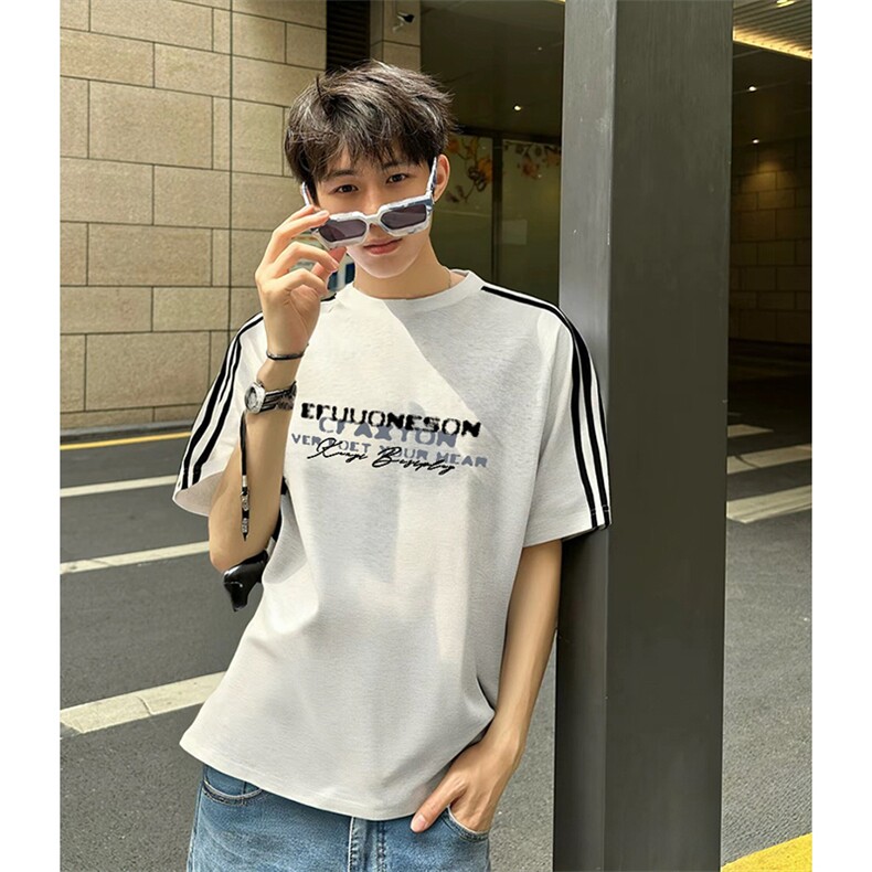 抖音得物高品质二开240克宽松纯棉美式潮牌三条杠织带短袖T恤，男装T恤，电商A486-1