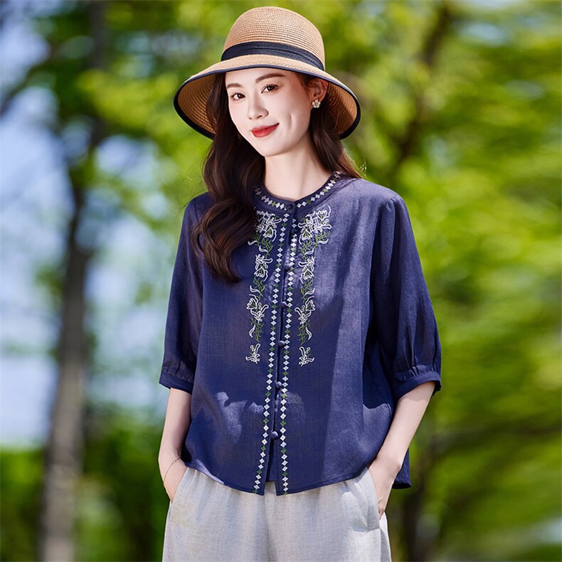 新中式国风刺绣衬衫女2025夏季新款复古宽松百搭显瘦休闲上衣衬衣,女装衬衫,靓衣阁