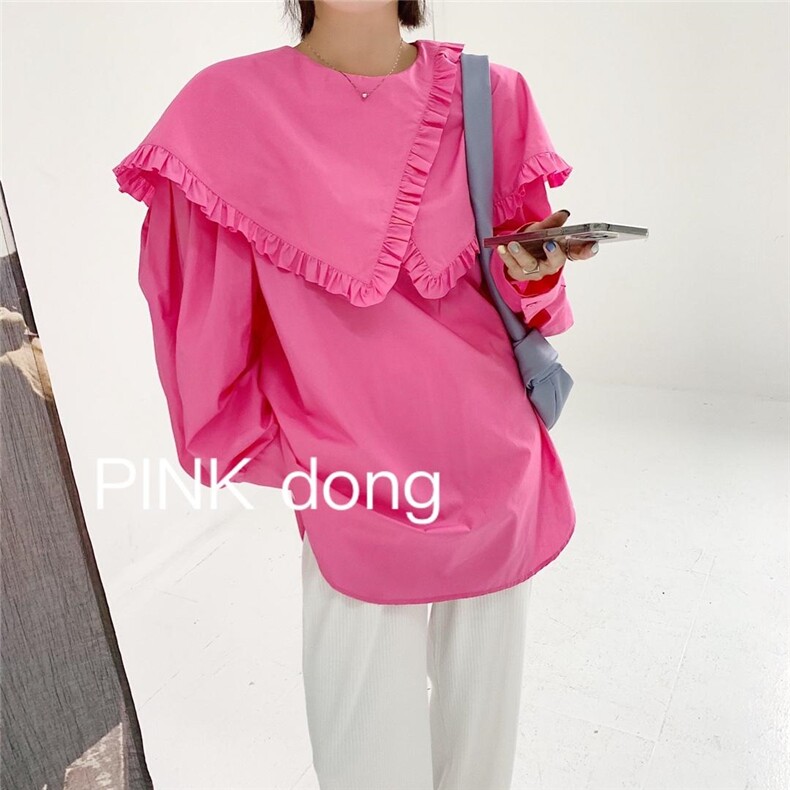 现货。薄料格子西服娃娃领亮色衬衣收腰版型超好七分袖西服，女装，PINK