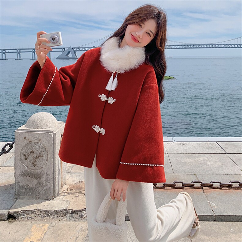 现货2D078-W6728-P195K298夹棉风呢料围脖毛领红色呢大衣,女装毛呢外套,2D078