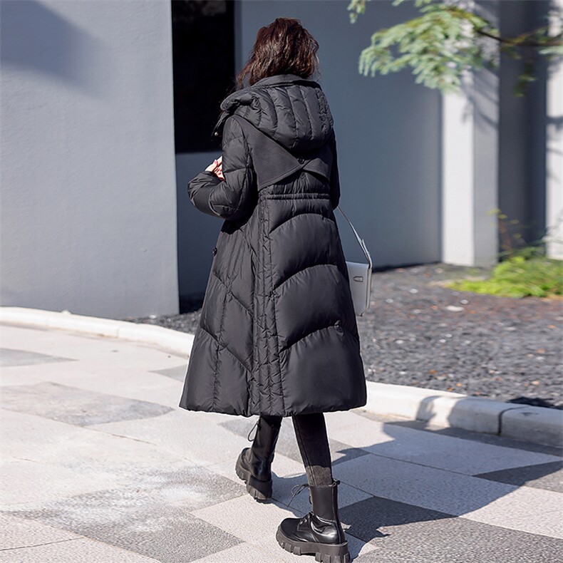 【现货】90%白鸭绒羽绒服女冬季新款中长款过膝加厚保暖连帽外套,女装羽绒服,鑫源服饰
